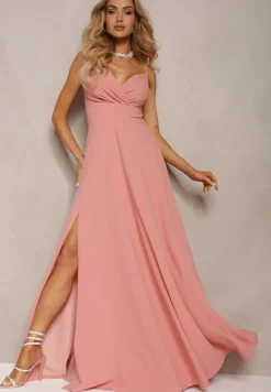 Ciemnoróżowa Elegancka Sukienka o Rozkloszowanym Kroju z Rozcięciem na Ramiączkach z Kopertowym Dekoltem Winelia