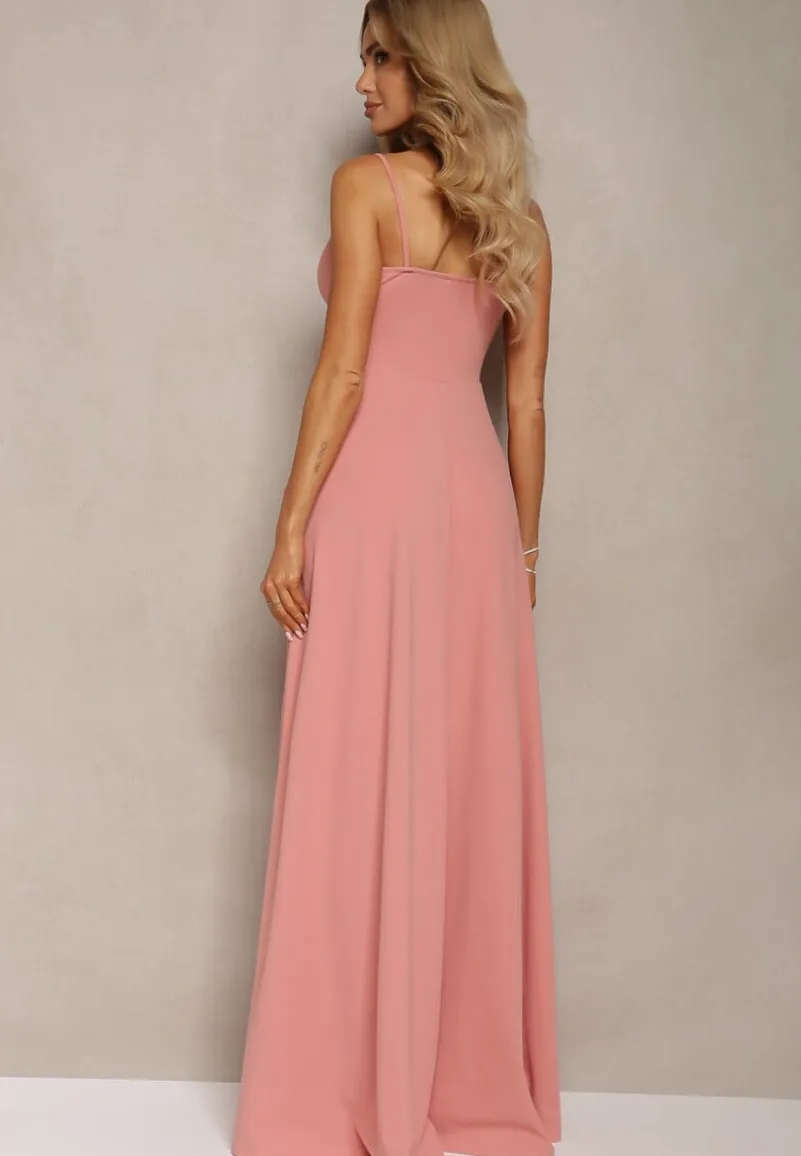 Ciemnoróżowa Elegancka Sukienka o Rozkloszowanym Kroju z Rozcięciem na Ramiączkach z Kopertowym Dekoltem Winelia