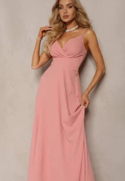 Ciemnoróżowa Elegancka Sukienka o Rozkloszowanym Kroju z Rozcięciem na Ramiączkach z Kopertowym Dekoltem Winelia