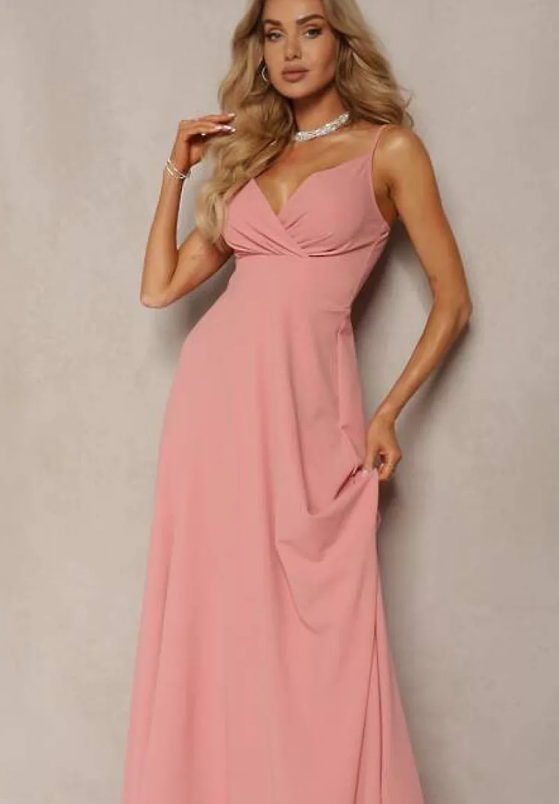 Ciemnoróżowa Elegancka Sukienka o Rozkloszowanym Kroju z Rozcięciem na Ramiączkach z Kopertowym Dekoltem Winelia