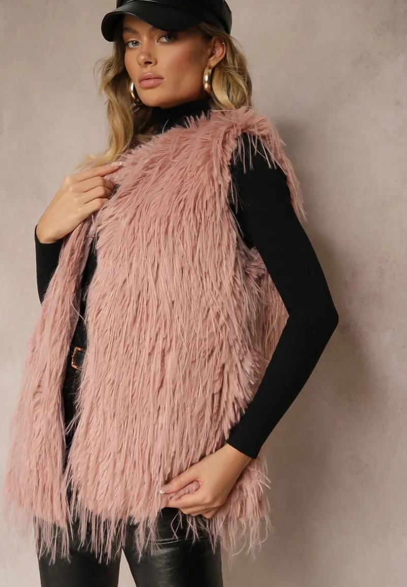 Ciemnoróżowa Futerkowa Kamizelka o Prostym Kroju z Kieszeniami Venialith