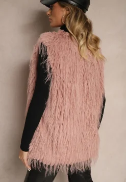 Ciemnoróżowa Futerkowa Kamizelka o Prostym Kroju z Kieszeniami Venialith