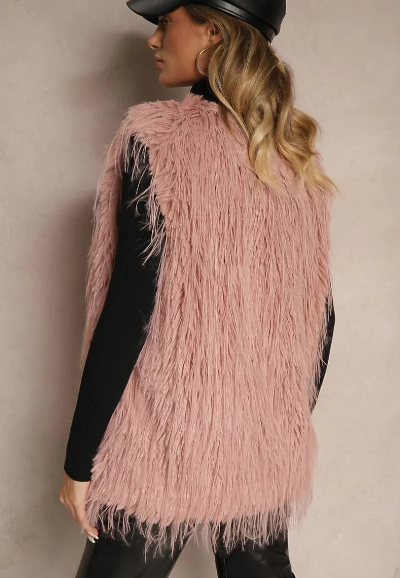 Ciemnoróżowa Futerkowa Kamizelka o Prostym Kroju z Kieszeniami Venialith