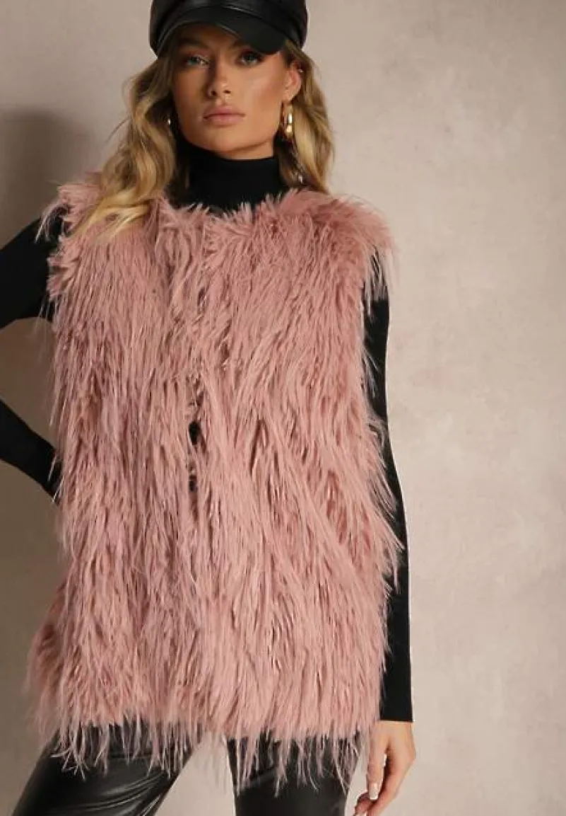 Ciemnoróżowa Futerkowa Kamizelka o Prostym Kroju z Kieszeniami Venialith