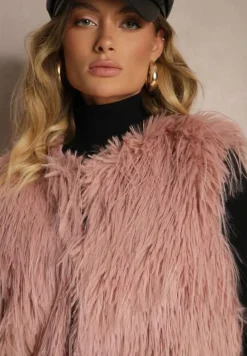 Ciemnoróżowa Futerkowa Kamizelka o Prostym Kroju z Kieszeniami Venialith