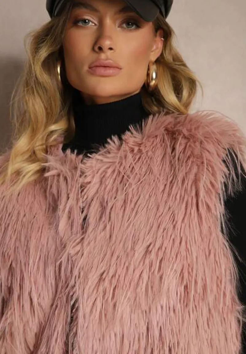 Ciemnoróżowa Futerkowa Kamizelka o Prostym Kroju z Kieszeniami Venialith