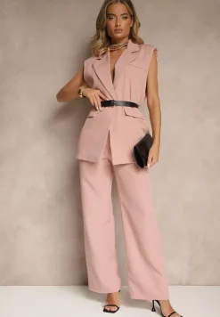 Ciemnoróżowa Kamizelka Oversize w Garniturowym Stylu z Guzikiem i Paskiem z Klamrą Galazia