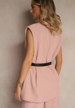Ciemnoróżowa Kamizelka Oversize w Garniturowym Stylu z Guzikiem i Paskiem z Klamrą Galazia