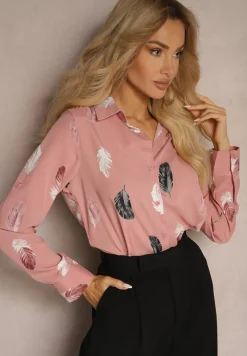 Ciemnoróżowa Koszula z Bawełną Ozdobiona Rękawami z Regulacją w Piórka Meriande