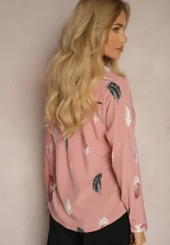 Ciemnoróżowa Koszula z Bawełną Ozdobiona Rękawami z Regulacją w Piórka Meriande