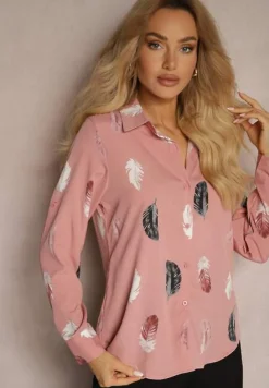 Ciemnoróżowa Koszula z Bawełną Ozdobiona Rękawami z Regulacją w Piórka Meriande