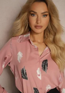 Ciemnoróżowa Koszula z Bawełną Ozdobiona Rękawami z Regulacją w Piórka Meriande