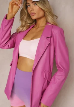 Ciemnoróżowa Pudełkowa Marynarka z Ekoskóry Niezapinana z Poduszkami w Ramionach Suniya