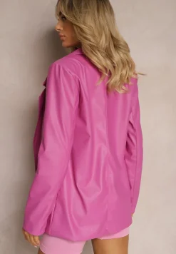 Ciemnoróżowa Pudełkowa Marynarka z Ekoskóry Niezapinana z Poduszkami w Ramionach Suniya