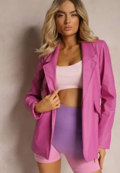 Ciemnoróżowa Pudełkowa Marynarka z Ekoskóry Niezapinana z Poduszkami w Ramionach Suniya