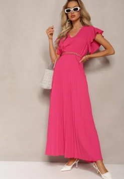 Ciemnoróżowa Rozkloszowana Sukienka z Plisami Maxi z Falbankami przy Ramionach Nethula