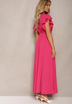 Ciemnoróżowa Rozkloszowana Sukienka z Plisami Maxi z Falbankami przy Ramionach Nethula