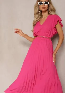 Ciemnoróżowa Rozkloszowana Sukienka z Plisami Maxi z Falbankami przy Ramionach Nethula