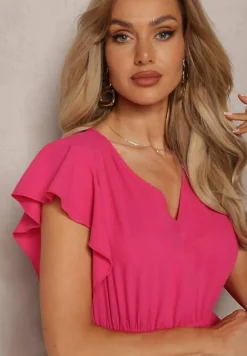 Ciemnoróżowa Rozkloszowana Sukienka z Plisami Maxi z Falbankami przy Ramionach Nethula