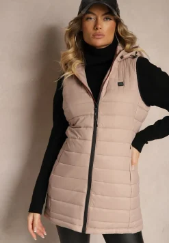 Ciemnoróżowa Taliowana Kamizelka z Pikowanym Przeszyciem z Kapturem z Możliwością Odpięcia Inadorae