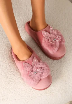 Ciemnoróżowe Kapcie na Płaskiej Podeszwie z Cyrkoniami i Futerkiem Dezilie