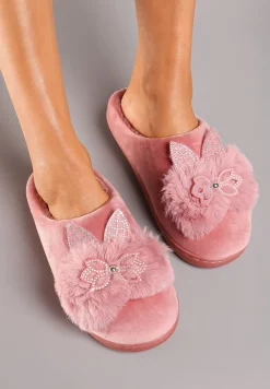 Ciemnoróżowe Kapcie na Płaskiej Podeszwie z Cyrkoniami i Futerkiem Dezilie