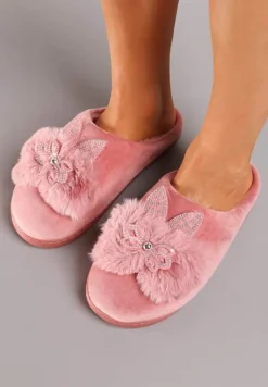 Ciemnoróżowe Kapcie na Płaskiej Podeszwie z Cyrkoniami i Futerkiem Dezilie