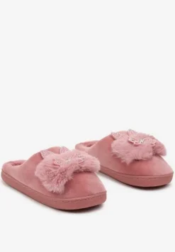 Ciemnoróżowe Kapcie na Płaskiej Podeszwie z Cyrkoniami i Futerkiem Dezilie