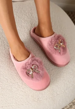 Ciemnoróżowe Kapcie na Płaskiej Podeszwie z Kokardą Lerilina