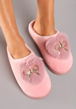 Ciemnoróżowe Kapcie na Płaskiej Podeszwie z Kokardą Lerilina