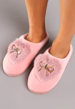 Ciemnoróżowe Kapcie na Płaskiej Podeszwie z Kokardą Lerilina