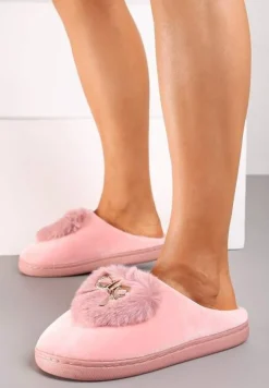 Ciemnoróżowe Kapcie na Płaskiej Podeszwie z Kokardą Lerilina