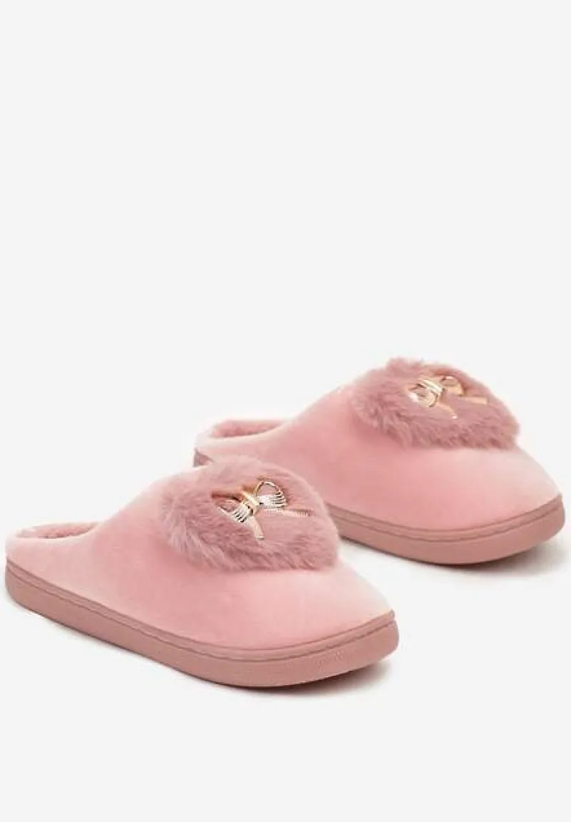 Ciemnoróżowe Kapcie na Płaskiej Podeszwie z Kokardą Lerilina