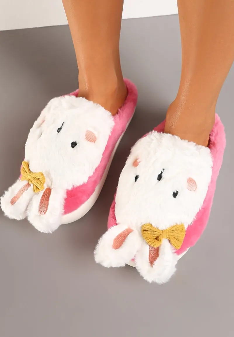 Ciemnoróżowe Kapcie na Płaskiej Podeszwie Ozdobione Króliczkiem 3D Temiena