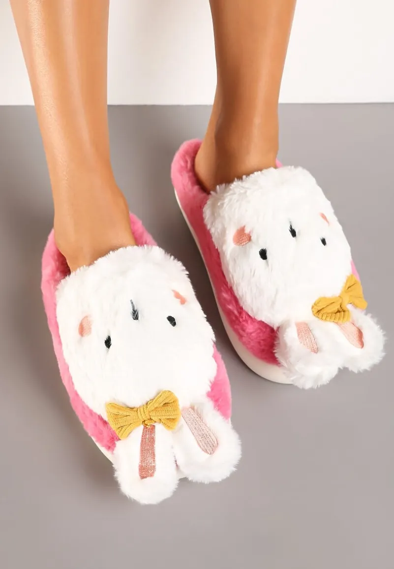 Ciemnoróżowe Kapcie na Płaskiej Podeszwie Ozdobione Króliczkiem 3D Temiena