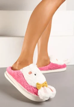 Ciemnoróżowe Kapcie na Płaskiej Podeszwie Ozdobione Króliczkiem 3D Temiena