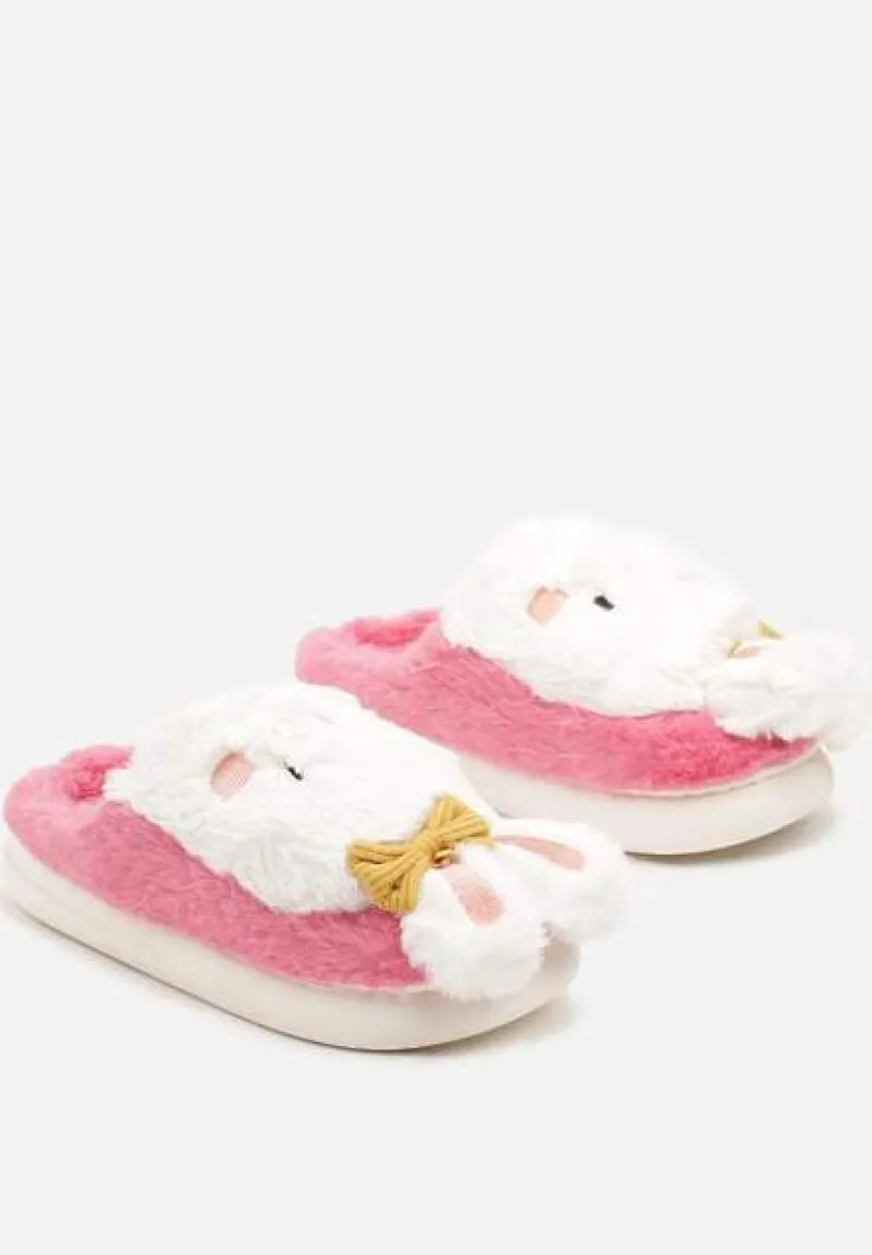 Ciemnoróżowe Kapcie na Płaskiej Podeszwie Ozdobione Króliczkiem 3D Temiena