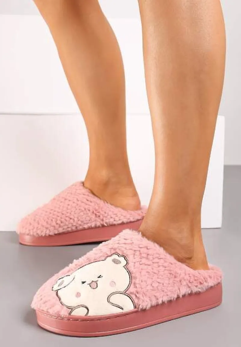 Ciemnoróżowe Kapcie na Platformie Ozdobione Haftowanym Motywem Laorisia