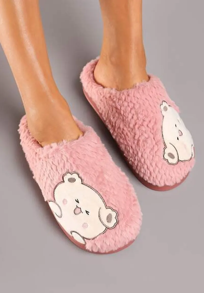 Ciemnoróżowe Kapcie na Platformie Ozdobione Haftowanym Motywem Laorisia