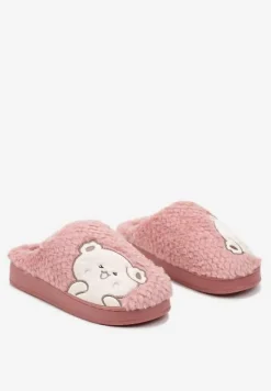 Ciemnoróżowe Kapcie na Platformie Ozdobione Haftowanym Motywem Laorisia