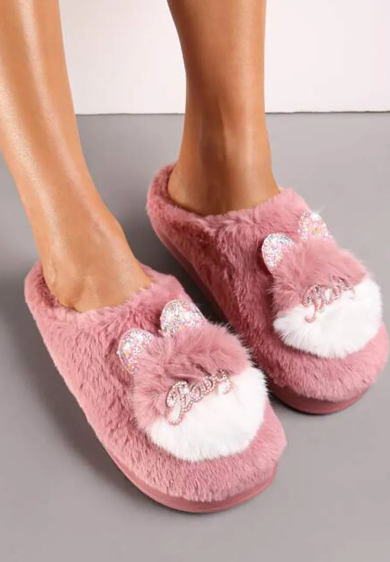 Ciemnoróżowe Płaskie Kapcie z Aplikacją 3D w Kształcie Króliczka Munere