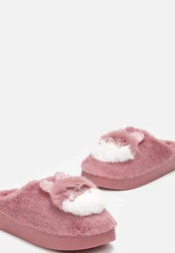 Ciemnoróżowe Płaskie Kapcie z Aplikacją 3D w Kształcie Króliczka Munere