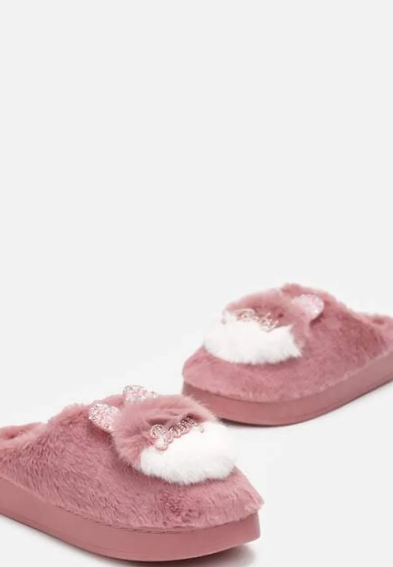 Ciemnoróżowe Płaskie Kapcie z Aplikacją 3D w Kształcie Króliczka Munere