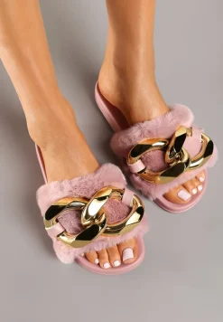 Ciemnoróżowe Płaskie Klapki Ozdobione Łańcuchem i Futerkiem Esalessa