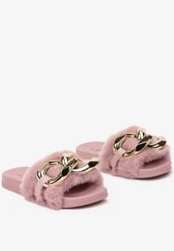 Ciemnoróżowe Płaskie Klapki Ozdobione Łańcuchem i Futerkiem Esalessa