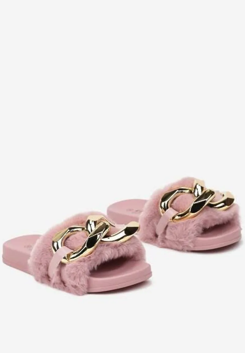 Ciemnoróżowe Płaskie Klapki Ozdobione Łańcuchem i Futerkiem Esalessa