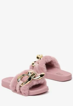 Ciemnoróżowe Płaskie Klapki Ozdobione Łańcuchem i Futerkiem Esalessa