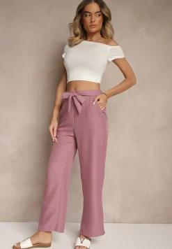 Ciemnoróżowe Spodnie z Szeroką Nogawką i Gumką w Talii Zdobione Wiązaniem Mireniela