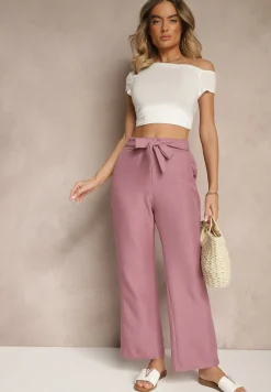 Ciemnoróżowe Spodnie z Szeroką Nogawką i Gumką w Talii Zdobione Wiązaniem Mireniela