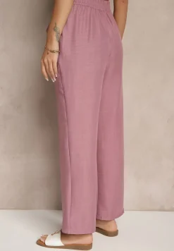 Ciemnoróżowe Spodnie z Szeroką Nogawką i Gumką w Talii Zdobione Wiązaniem Mireniela